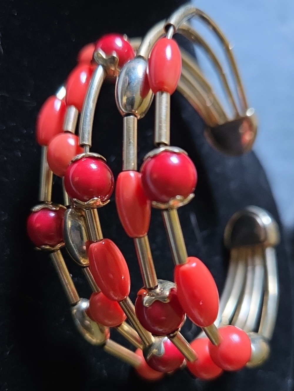 Vintage Multi-Strand Salmon & Red Color QsBeaded Open Cuff Bracelet.